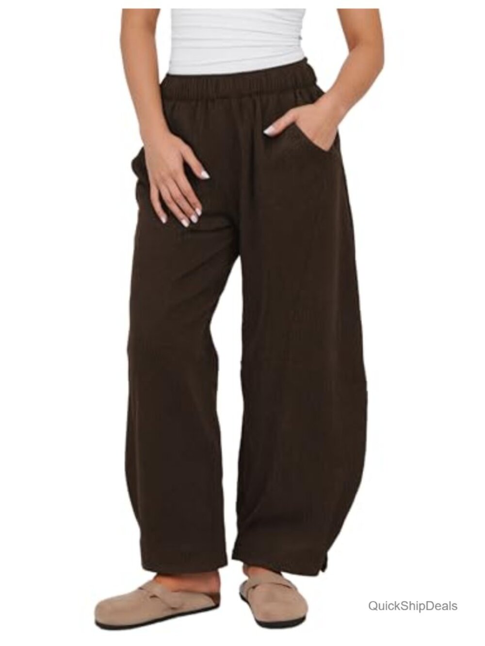 Women's Corduroy Wide Leg Cropped Barrel Pants Elastic Waist Trousers